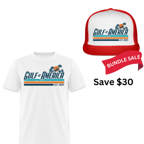Gulf Of America T Shirt + Red Trucker Hat Bundle