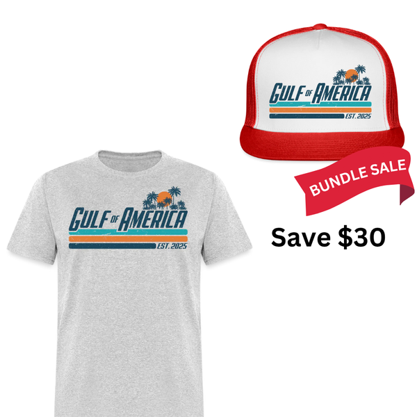 Gulf Of America T Shirt + Red Trucker Hat Bundle
