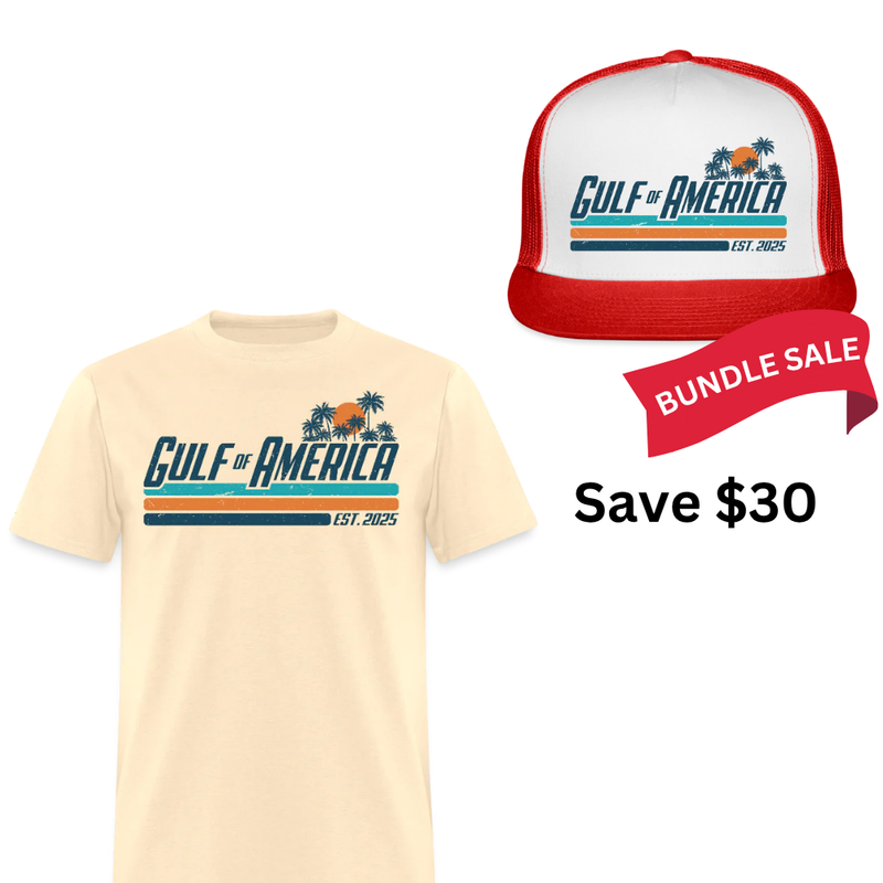 Gulf Of America T Shirt + Red Trucker Hat Bundle