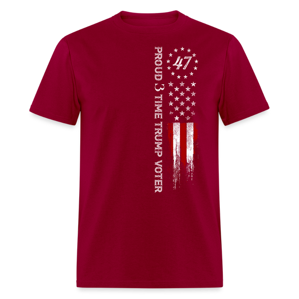 Proud 3 Time Trump Voter 47 US Flag T Shirt - dark red