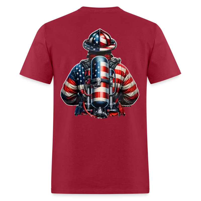 Patriotic Hero Firefighter USA Flag Double Sided T Shirt - dark red