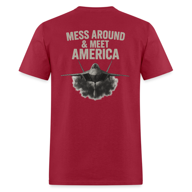 Mess Around & Meet America T Shirt - dark red