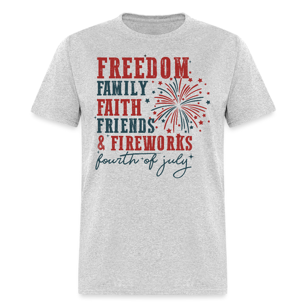 Freedom Family Faith Friends & Fireworks T Shirt - heather gray