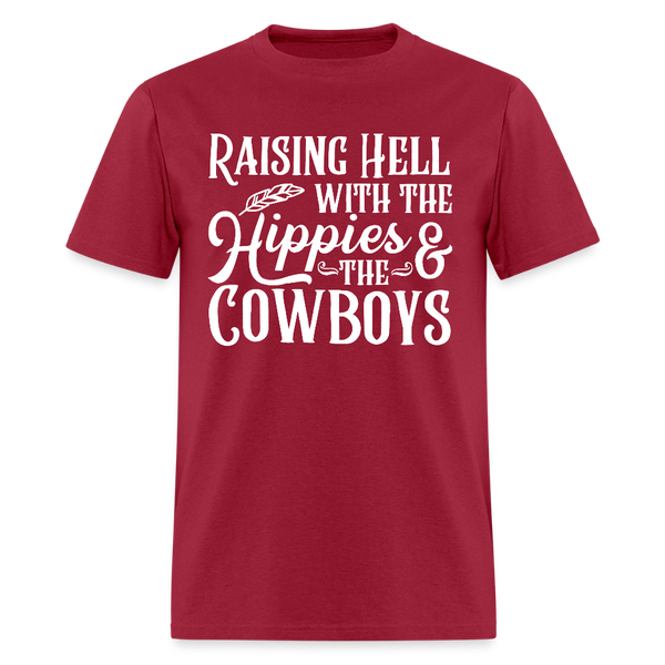 Raising Hell With The Hippies And The Cowboys T Shirt - dark red