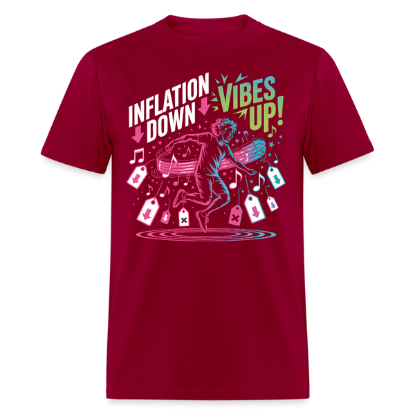 Inflation Down, Vibes Up T Shirt - dark red
