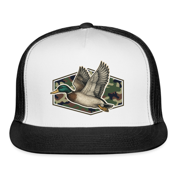 Camo Flying Mallard Duck Trucker Hat - white/black