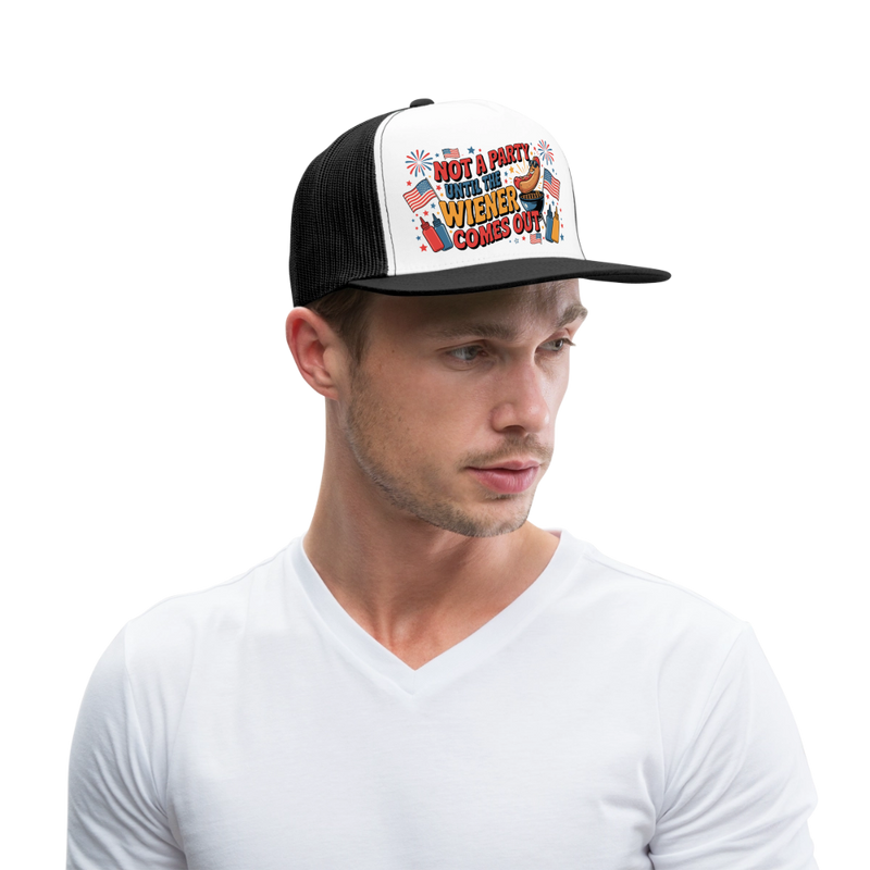Not A Party Until The Wiener Comes Out Trucker Hat - white/black