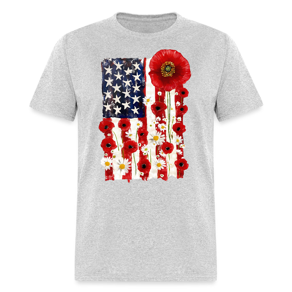 American Flag Poppy Flower Memorial T Shirt - heather gray