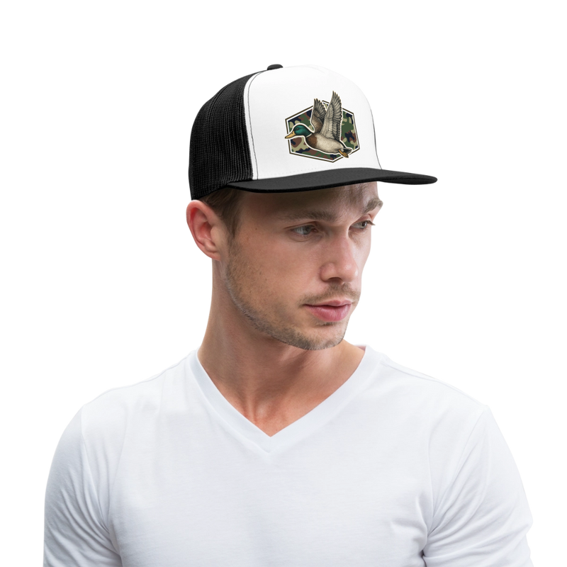 Camo Flying Mallard Duck Trucker Hat - white/black