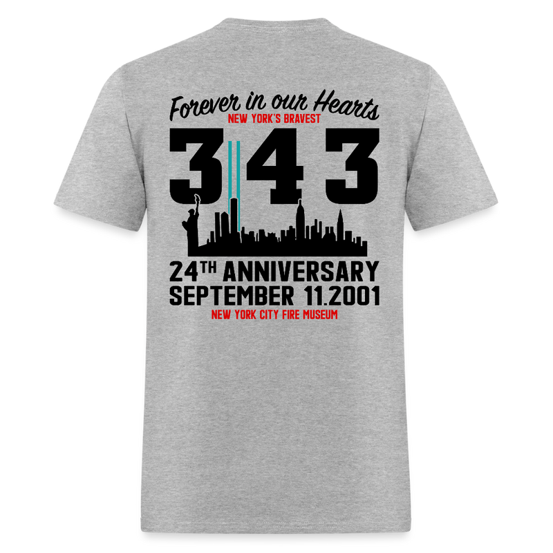 Forever In Our Hearts 343 New York's Bravest 2001 - 2025 White T Shirt - heather gray