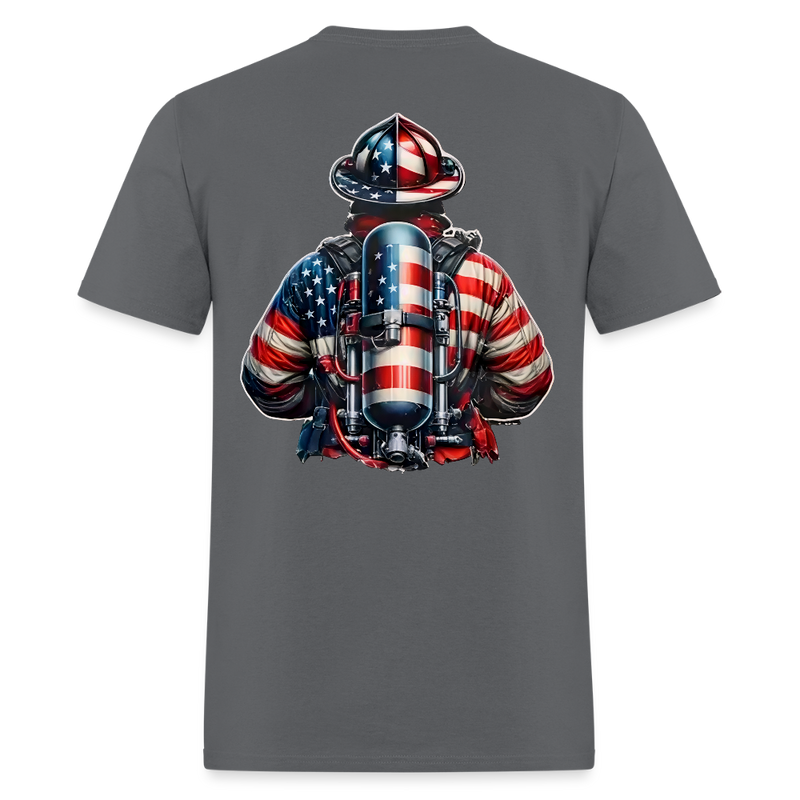 Patriotic Hero Firefighter USA Flag Double Sided T Shirt - charcoal