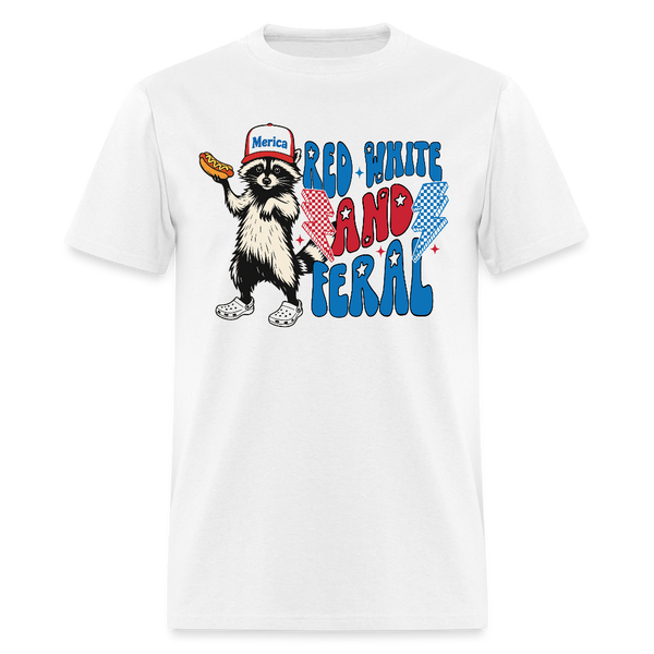 Red White And Feral Raccoon T Shirt - white
