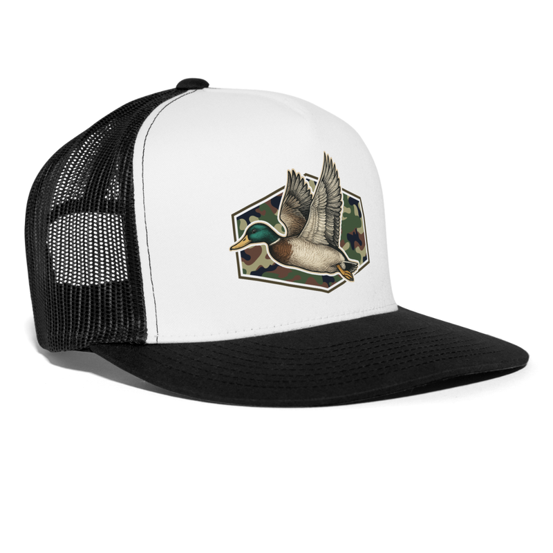 Camo Flying Mallard Duck Trucker Hat - white/black