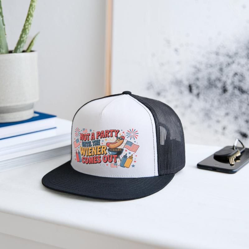 Not A Party Until The Wiener Comes Out Trucker Hat - white/black