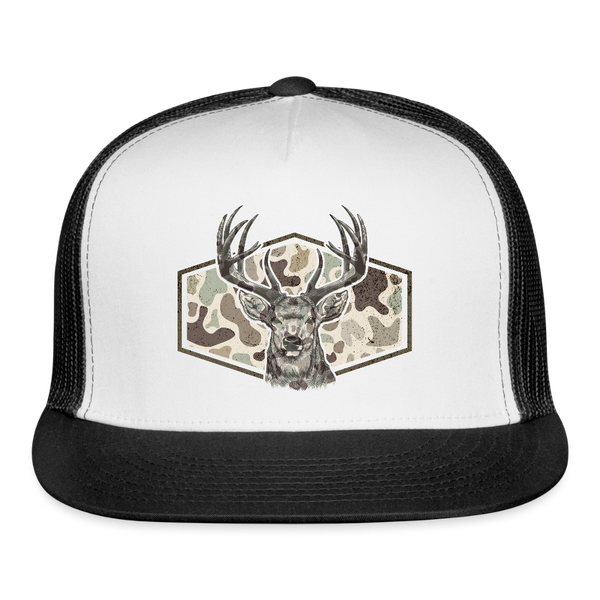 Deer Camo Hunting Trucker Hat - white/black