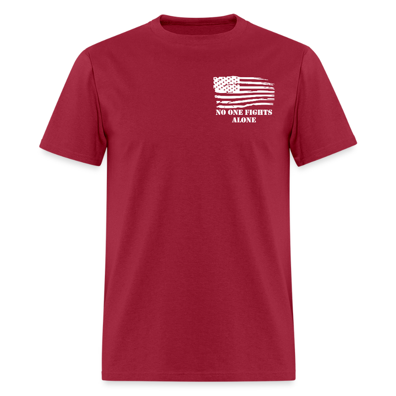 No One Fights Alone USA Flag & Tactical Tools Double Sided Black T Shirt - dark red