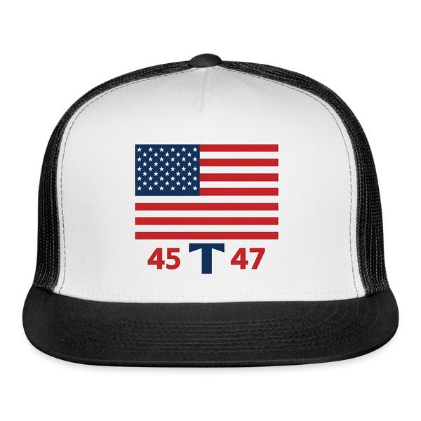 Trump American Flag 45 T 47 Trucker Hat - white/black