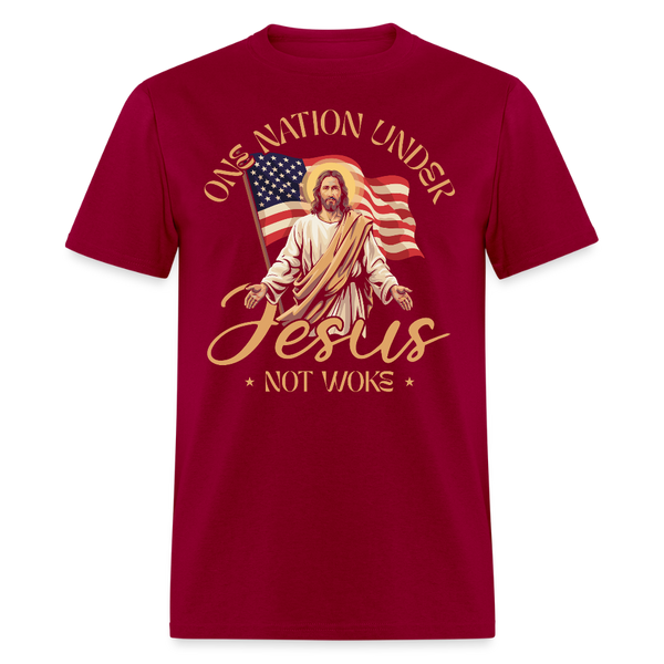 One Nation Under Jesus, Not Woke T Shirt - dark red
