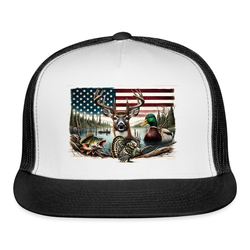 Deer Hunting Patriotic Trucker Hat - white/black