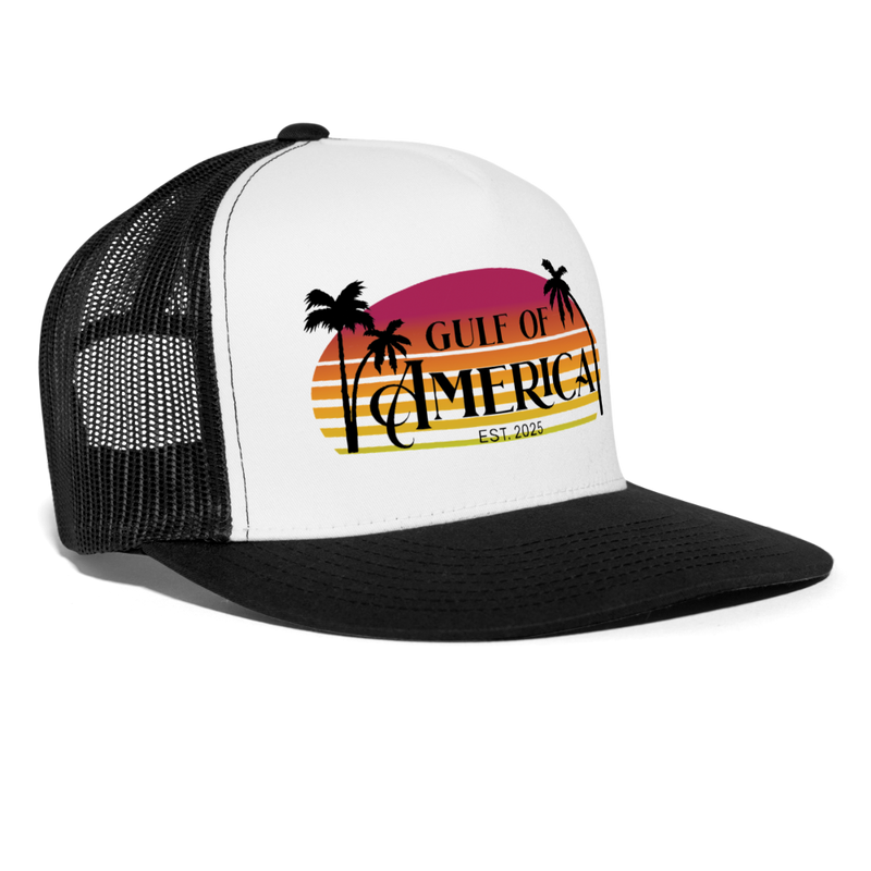 Gulf Of America Est. 2025 Retro Sunset Trucker Hat - white/black