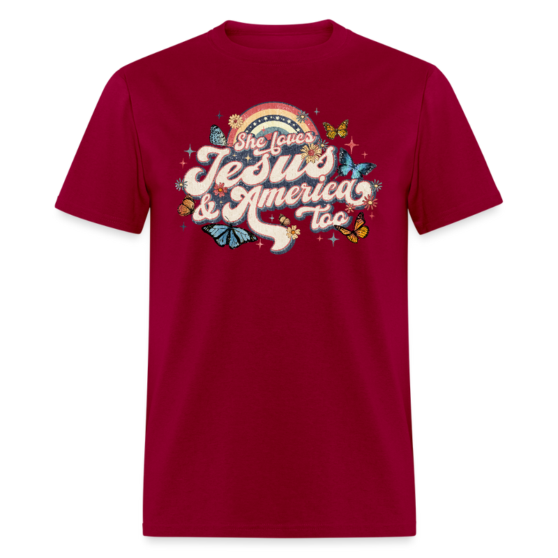 She Loves Jesus And America Too T Shirt - 2 - dark red