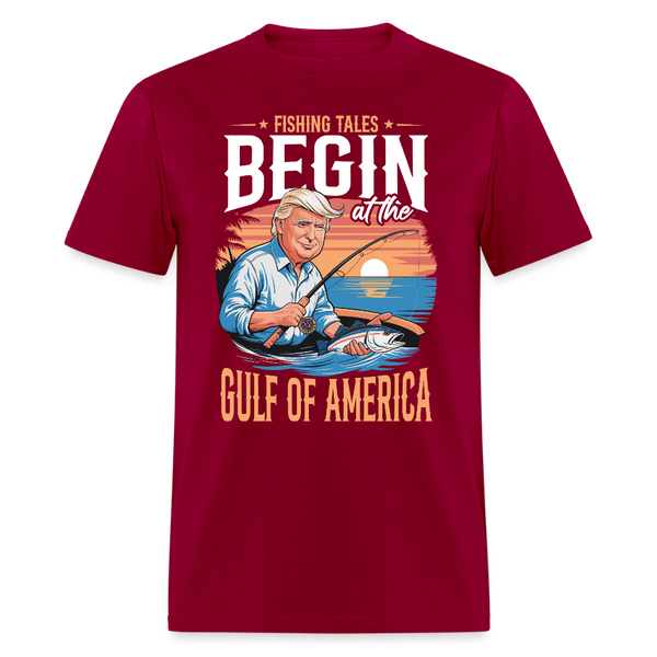 Fishing Tales Begin at the Gulf of America T Shirt - dark red