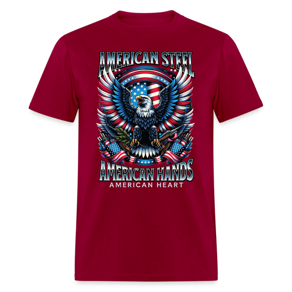 American Steel American Hands American Heart T Shirt - dark red