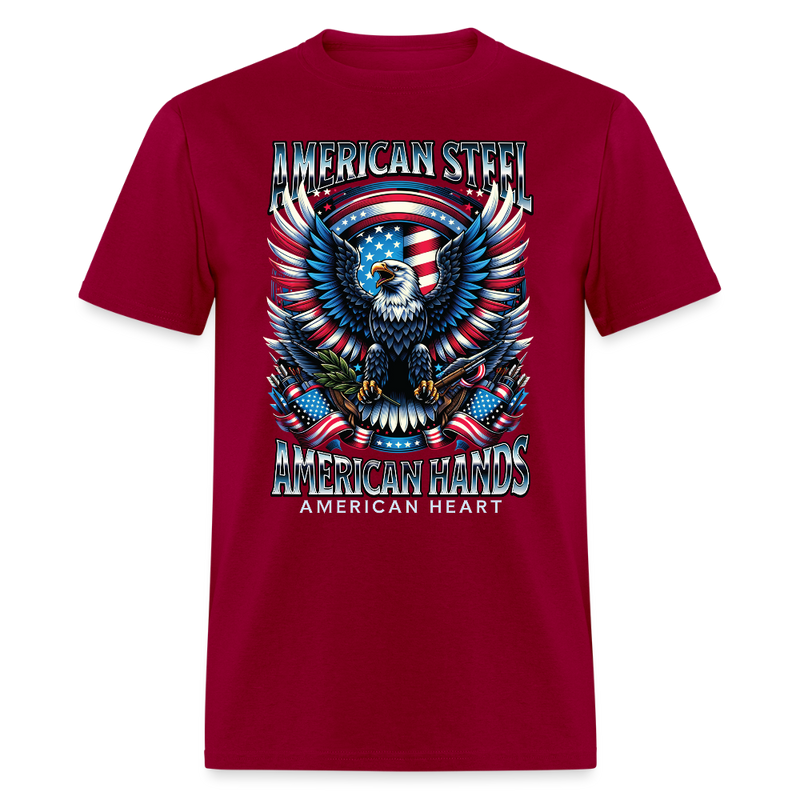 American Steel American Hands American Heart T Shirt - dark red