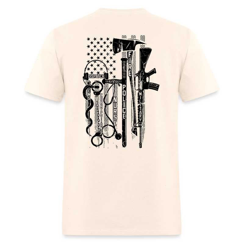 No One Fights Alone USA Flag & Tactical Tools Double Sided White T Shirt - natural