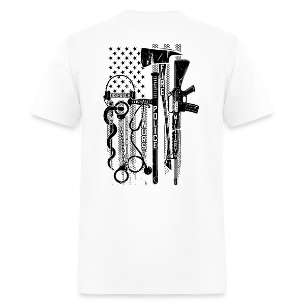 No One Fights Alone USA Flag & Tactical Tools Double Sided White T Shirt - white