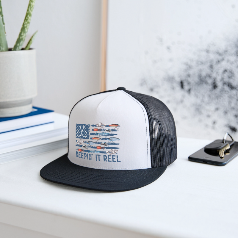 Fishing Lure Flag Trucker Hat - white/black