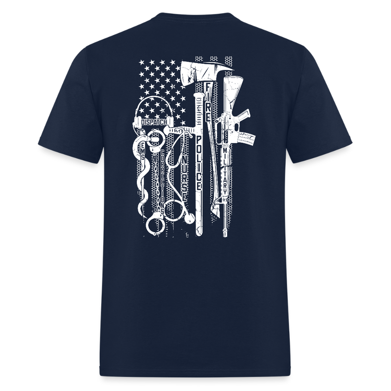 No One Fights Alone USA Flag & Tactical Tools Double Sided Black T Shirt - navy