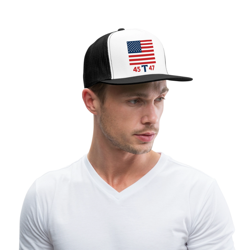 Trump American Flag 45 T 47 Trucker Hat - white/black