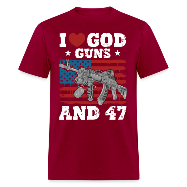 I Love God Guns and 47 T Shirt - dark red