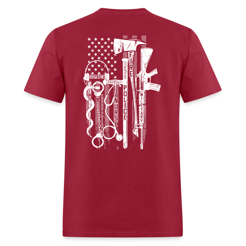 No One Fights Alone USA Flag & Tactical Tools Double Sided Black T Shirt - dark red