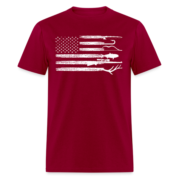Hunting Fishing USA Flag T Shirt - dark red