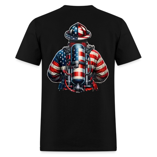 Patriotic Hero Firefighter USA Flag Double Sided T Shirt - black