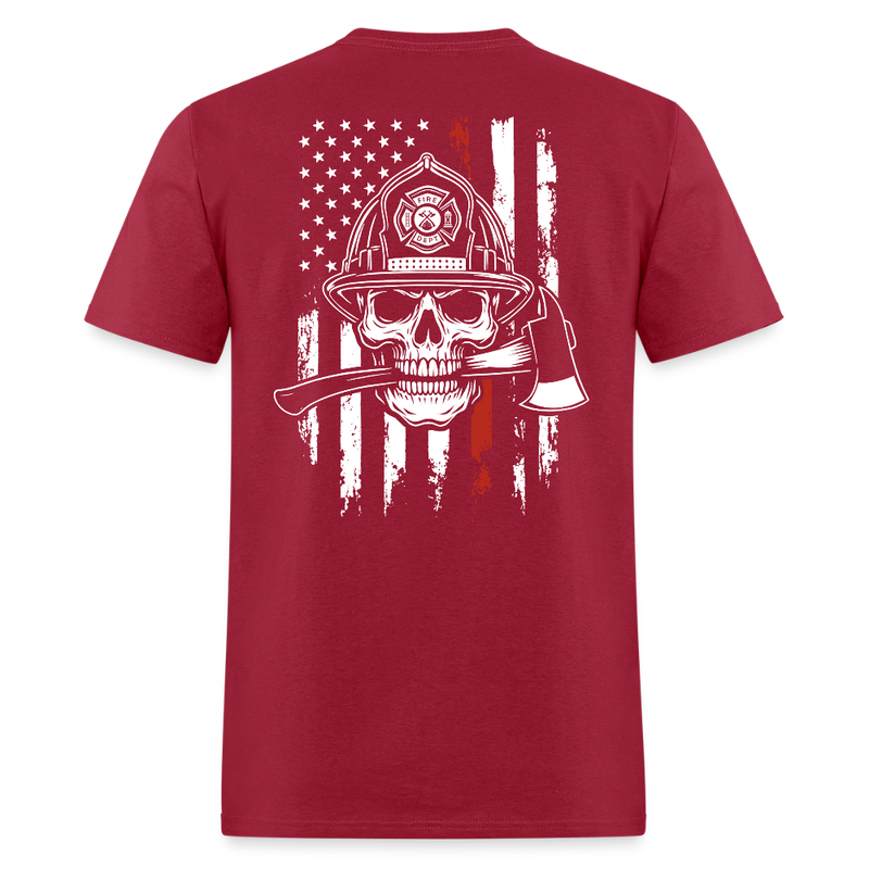 Fire Dept. Firefighter Skull American Flag T Shirt - dark red