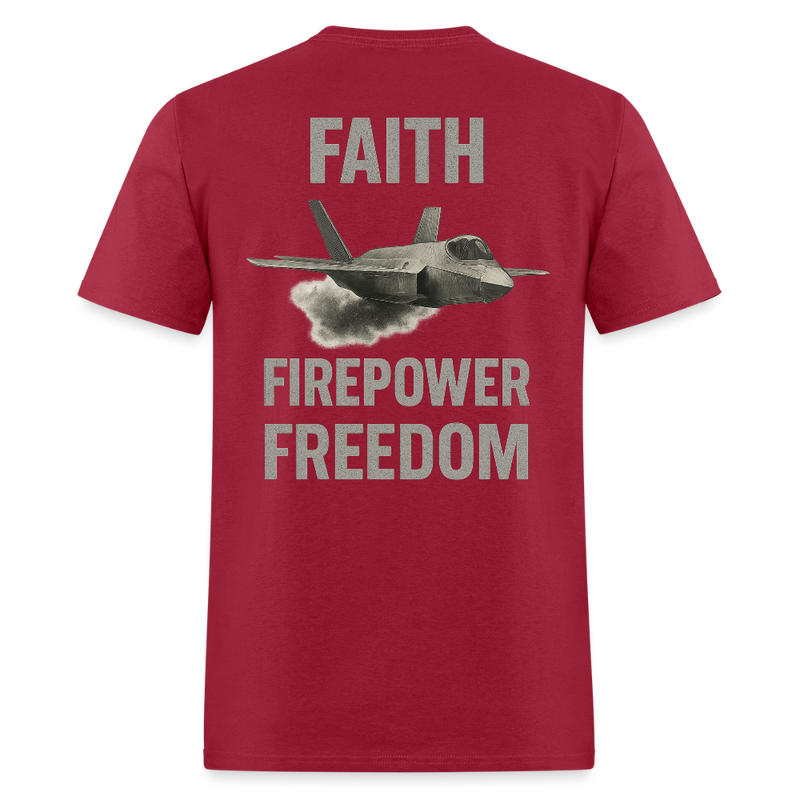 Faith, Firepower, Freedom T Shirt - dark red