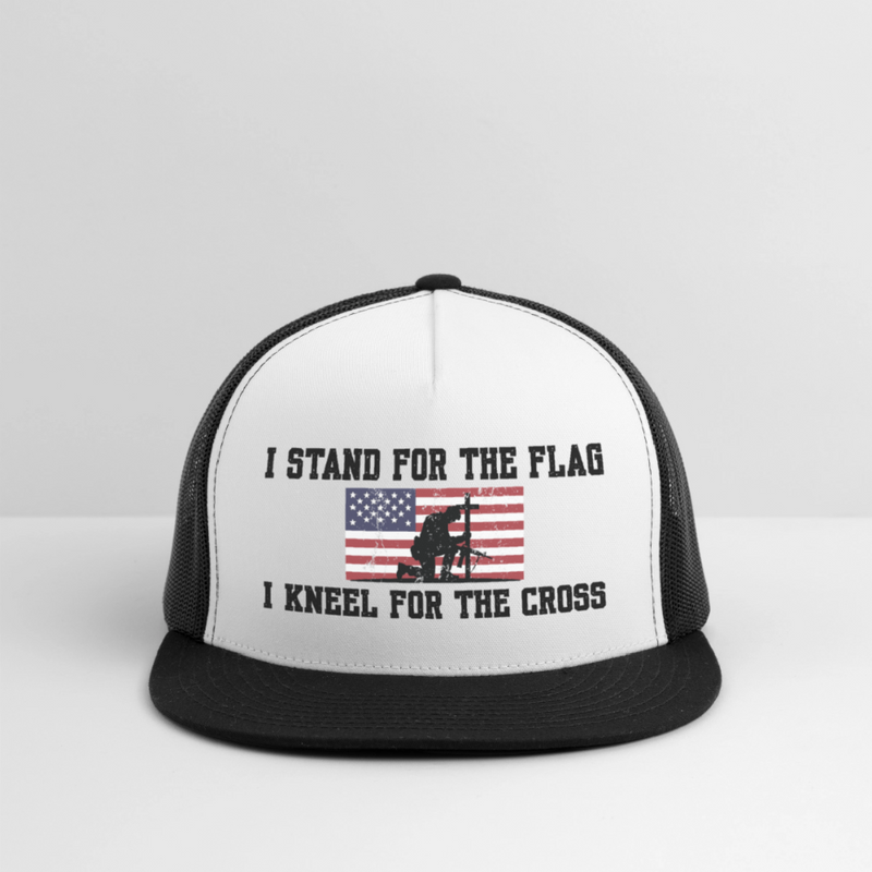 I Stand For The Flag I Kneel For The Cross Trucker Hat - white/black
