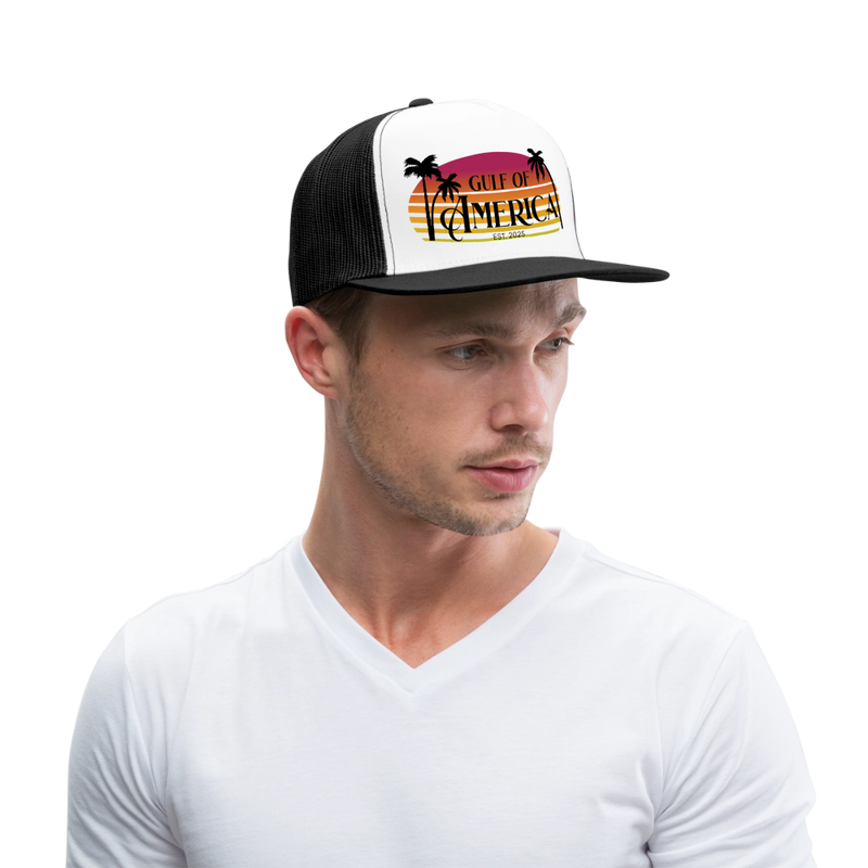 Gulf Of America Est. 2025 Retro Sunset Trucker Hat - white/black