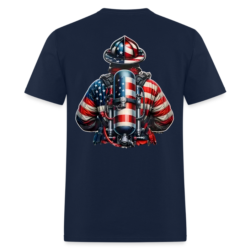 Patriotic Hero Firefighter USA Flag Double Sided T Shirt - navy