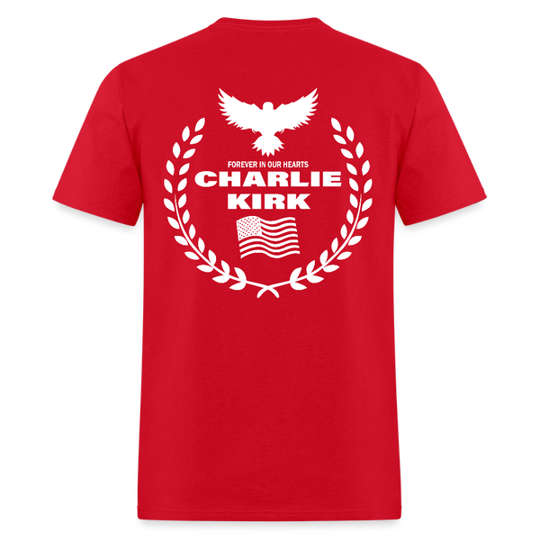 Freedom Signature Charlie Kirk Forever In Our Heart US Flag T Shirt - red