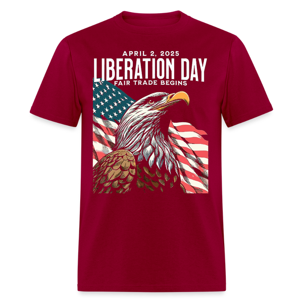 Liberation Day Fair Trade Begins T Shirt - dark red