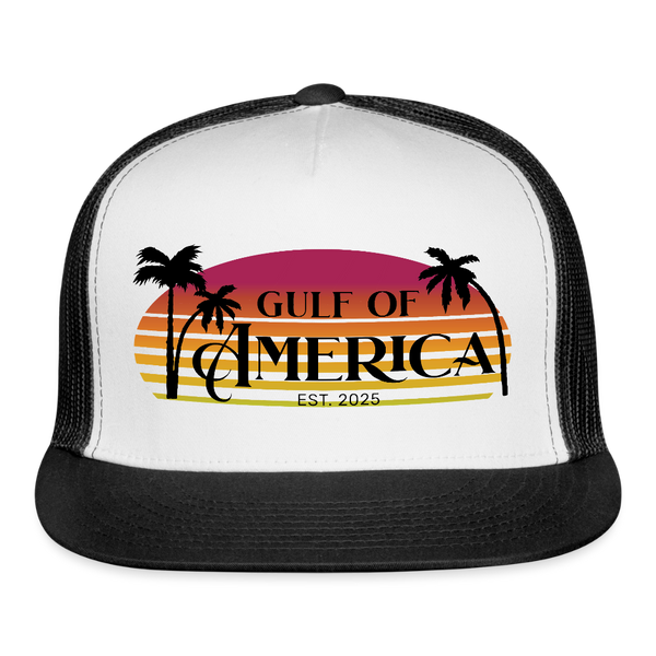 Gulf Of America Est. 2025 Retro Sunset Trucker Hat - white/black
