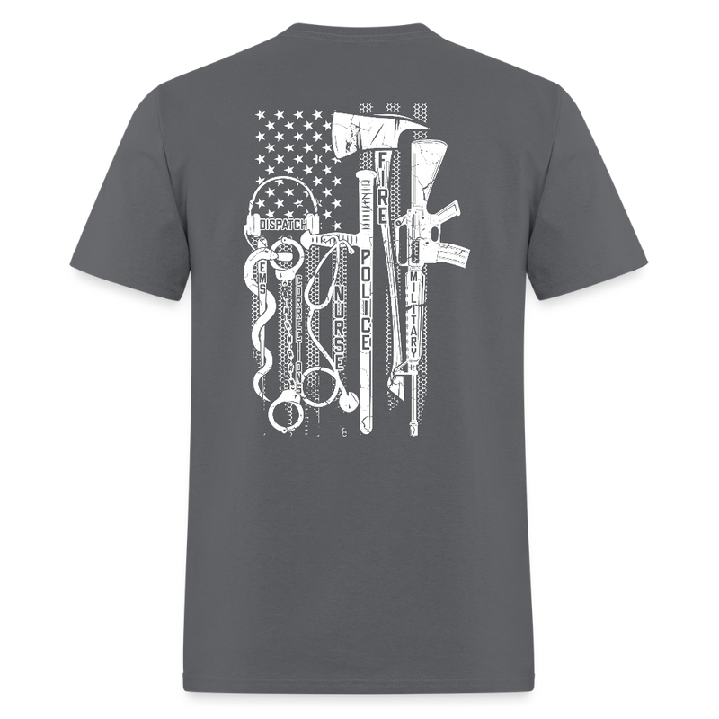 No One Fights Alone USA Flag & Tactical Tools Double Sided Black T Shirt - charcoal