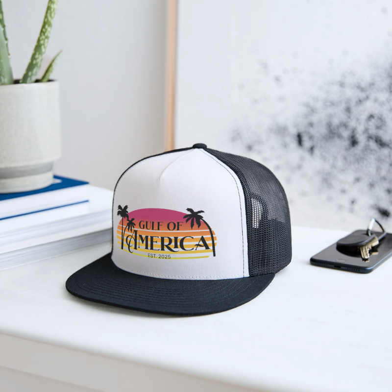Gulf Of America Est. 2025 Retro Sunset Trucker Hat - white/black