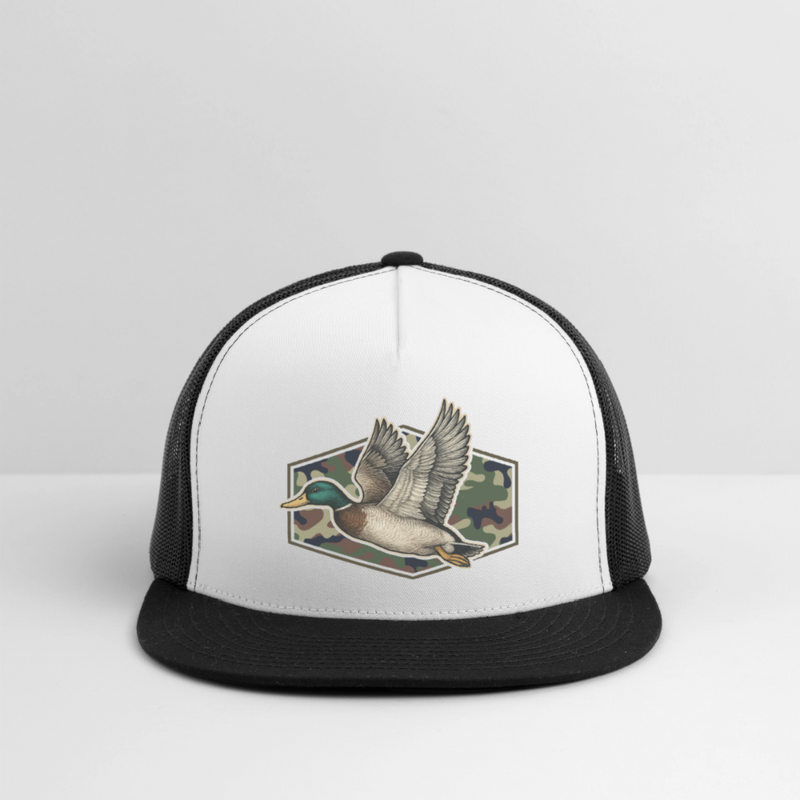 Camo Flying Mallard Duck Trucker Hat - white/black