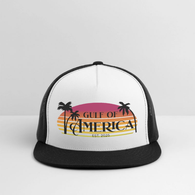 Gulf Of America Est. 2025 Retro Sunset Trucker Hat - white/black