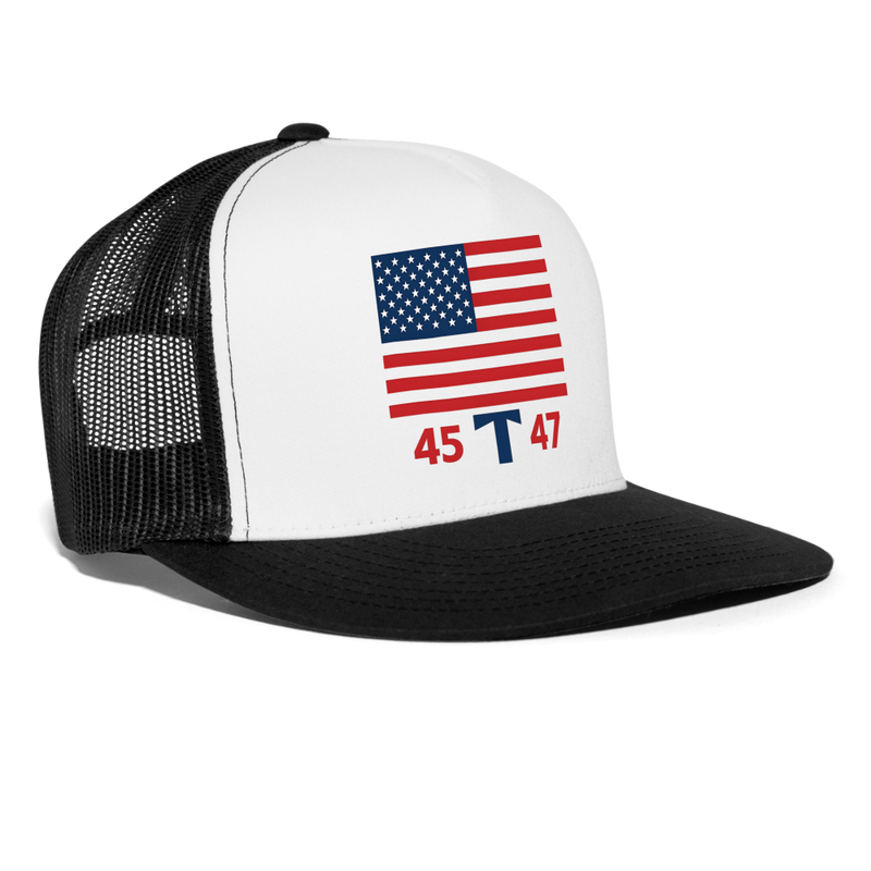 Trump American Flag 45 T 47 Trucker Hat - white/black